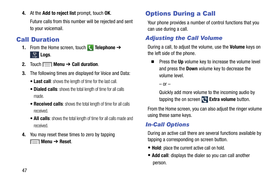 Call duration, Options during a call, Adjusting the call volume | In-call options, Call duration options during a call | Samsung SM-C105AZWAATT User Manual | Page 54 / 230