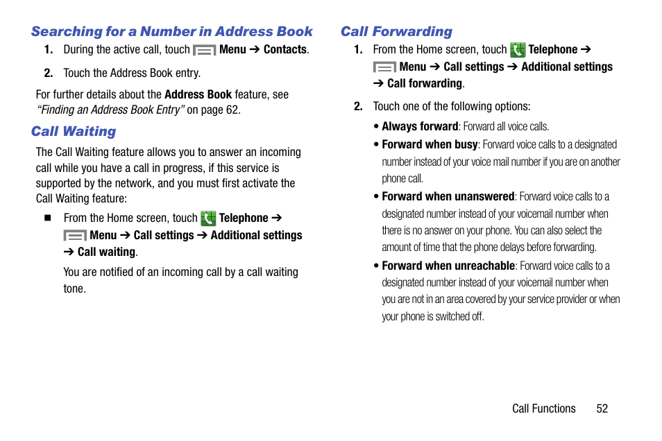 Searching for a number in address book, Call waiting, Call forwarding | Samsung SM-C105AZWAATT User Manual | Page 59 / 230