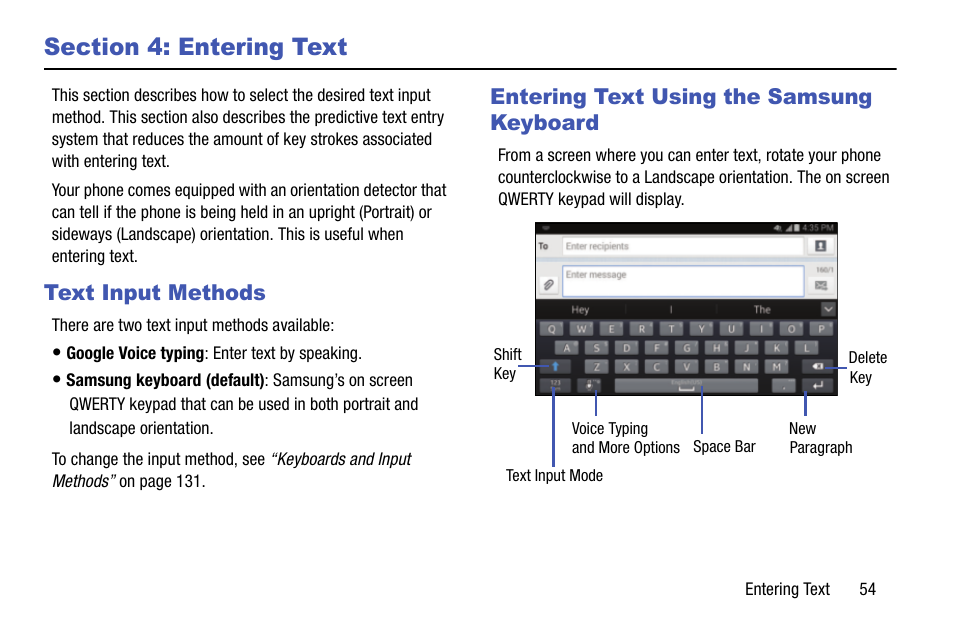 Section 4: entering text, Text input methods, Entering text using the samsung keyboard | Samsung SM-C105AZWAATT User Manual | Page 61 / 230