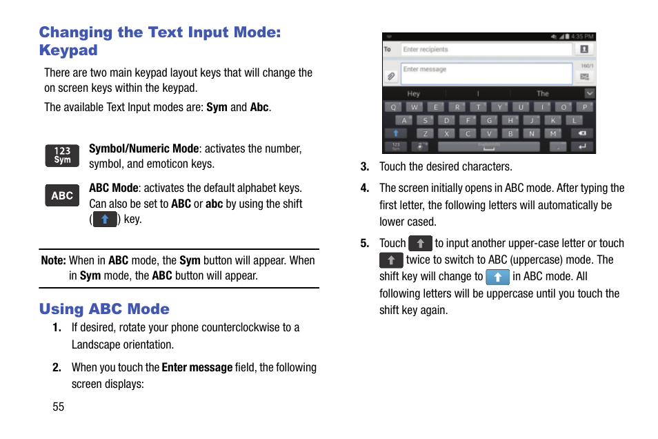 Changing the text input mode: keypad, Using abc mode | Samsung SM-C105AZWAATT User Manual | Page 62 / 230