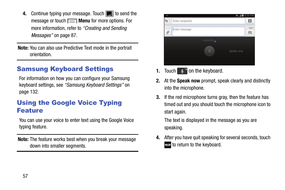 Samsung keyboard settings, Using the google voice typing feature | Samsung SM-C105AZWAATT User Manual | Page 64 / 230