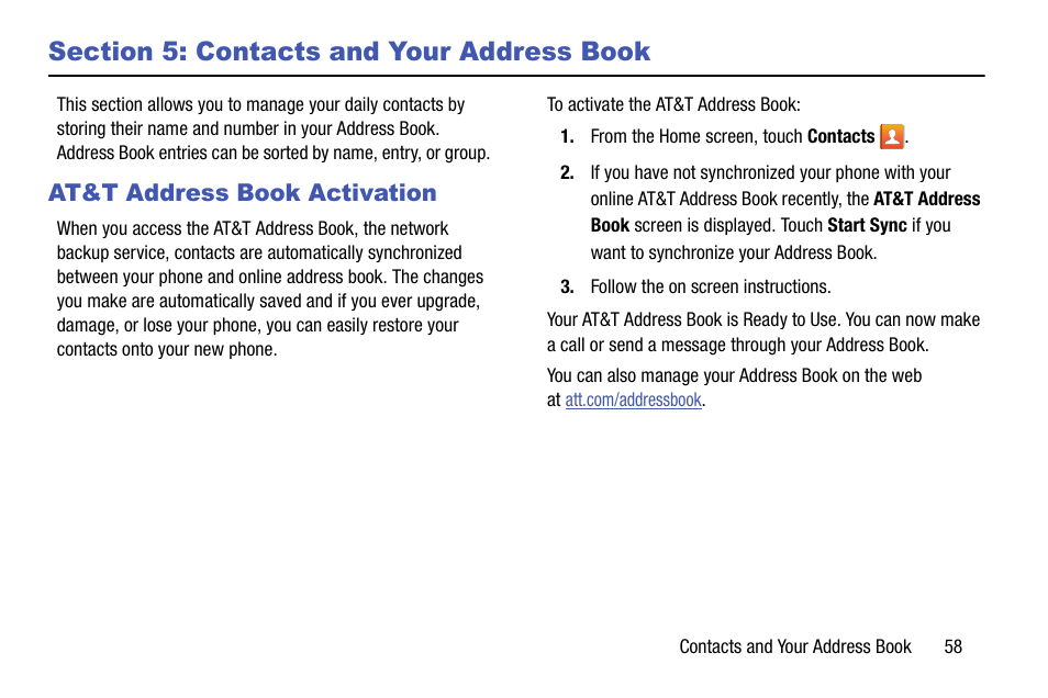 Section 5: contacts and your address book, At&t address book activation, Section 5: contacts and | Your address book | Samsung SM-C105AZWAATT User Manual | Page 65 / 230