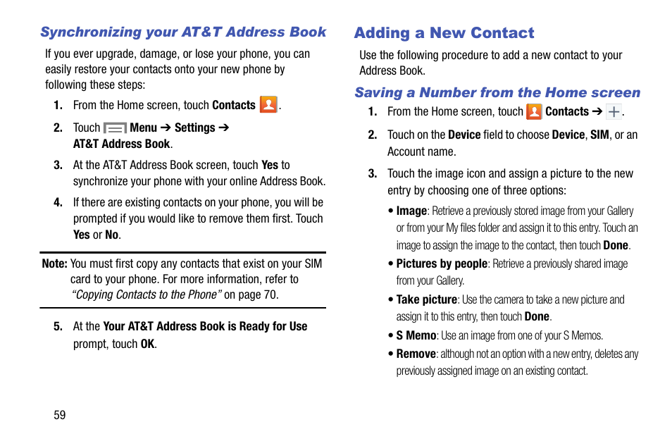 Synchronizing your at&t address book, Adding a new contact, Saving a number from the home screen | Samsung SM-C105AZWAATT User Manual | Page 66 / 230