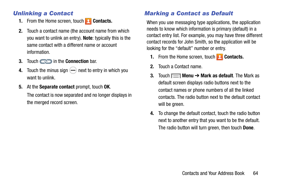 Unlinking a contact, Marking a contact as default | Samsung SM-C105AZWAATT User Manual | Page 71 / 230