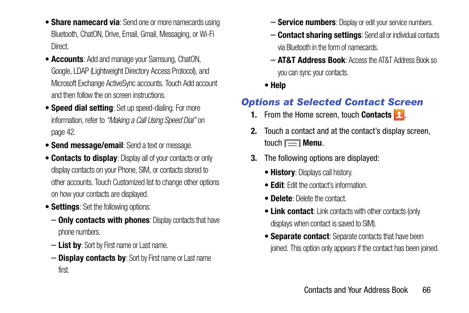 Options at selected contact screen | Samsung SM-C105AZWAATT User Manual | Page 73 / 230