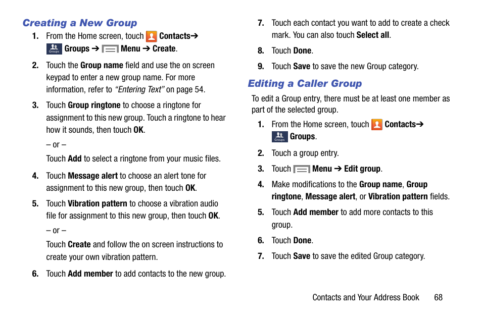 Creating a new group, Editing a caller group | Samsung SM-C105AZWAATT User Manual | Page 75 / 230