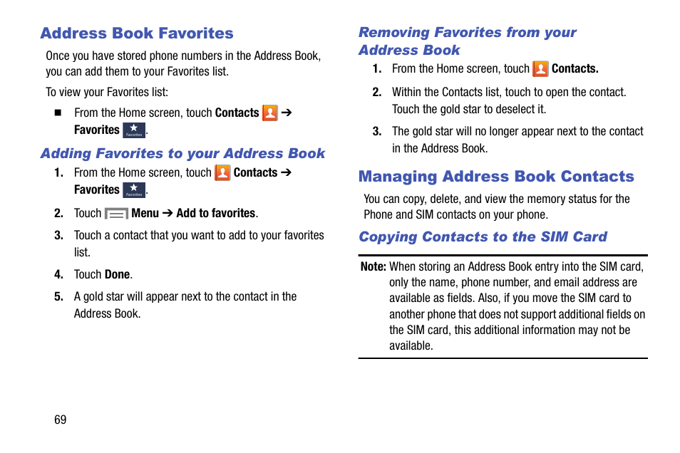 Address book favorites, Adding favorites to your address book, Removing favorites from your address book | Managing address book contacts, Copying contacts to the sim card | Samsung SM-C105AZWAATT User Manual | Page 76 / 230