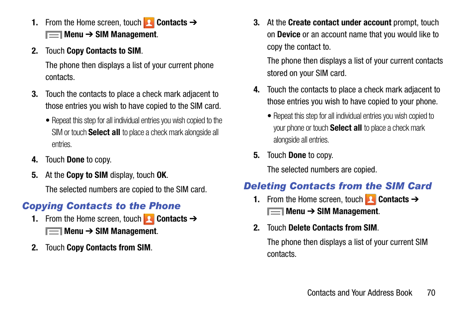 Copying contacts to the phone, Deleting contacts from the sim card | Samsung SM-C105AZWAATT User Manual | Page 77 / 230