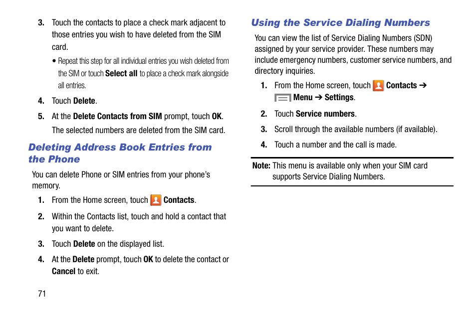 Deleting address book entries from the phone, Using the service dialing numbers | Samsung SM-C105AZWAATT User Manual | Page 78 / 230