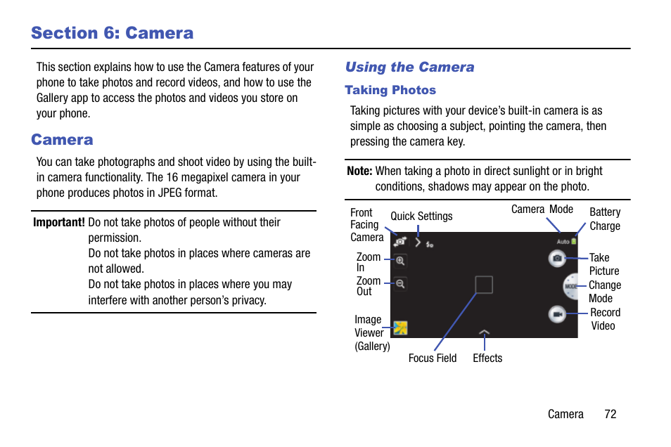 Section 6: camera, Camera, Using the camera | Taking photos | Samsung SM-C105AZWAATT User Manual | Page 79 / 230