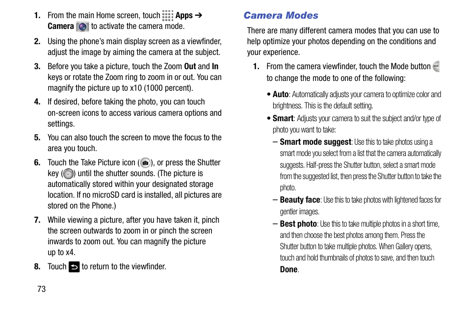 Camera modes | Samsung SM-C105AZWAATT User Manual | Page 80 / 230