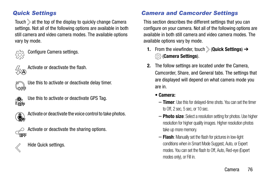 Quick settings, Camera and camcorder settings | Samsung SM-C105AZWAATT User Manual | Page 83 / 230