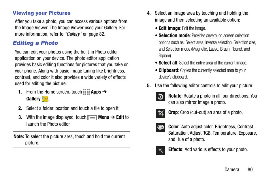 Viewing your pictures, Editing a photo | Samsung SM-C105AZWAATT User Manual | Page 87 / 230