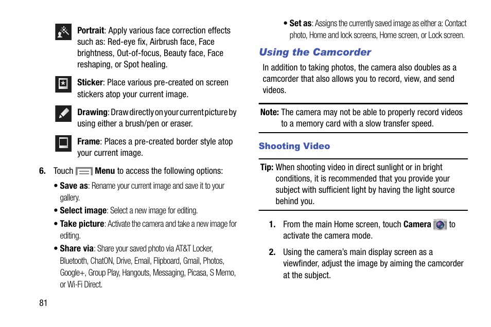 Using the camcorder, Shooting video | Samsung SM-C105AZWAATT User Manual | Page 88 / 230
