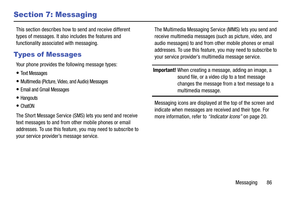 Section 7: messaging, Types of messages | Samsung SM-C105AZWAATT User Manual | Page 93 / 230