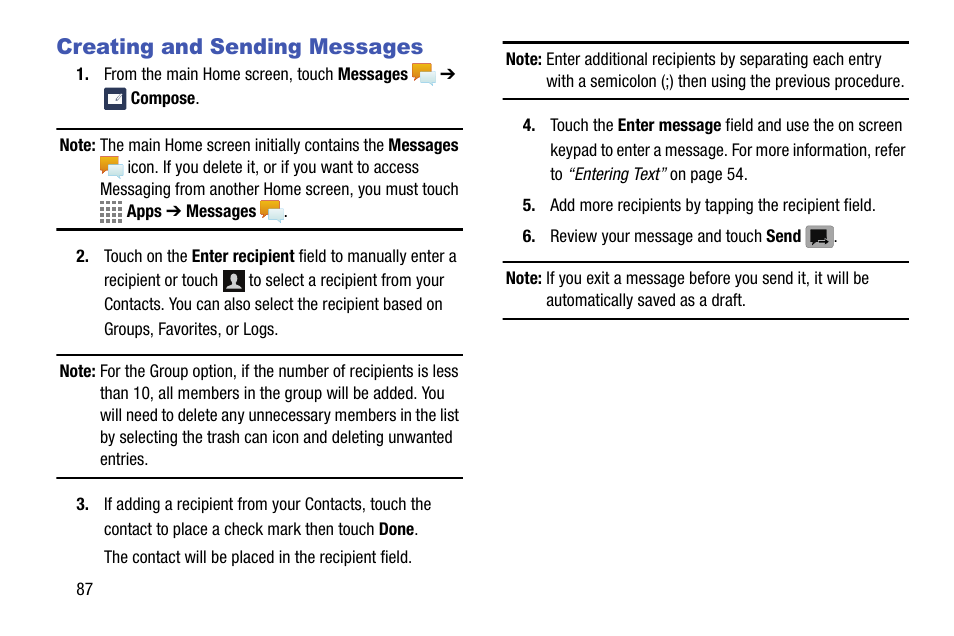 Creating and sending messages, S. for, More information, refer to “creating and sending | Samsung SM-C105AZWAATT User Manual | Page 94 / 230