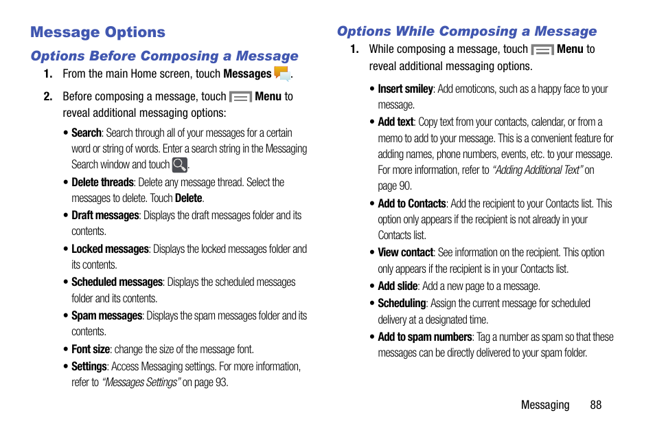Message options, Options before composing a message, Options while composing a message | Samsung SM-C105AZWAATT User Manual | Page 95 / 230