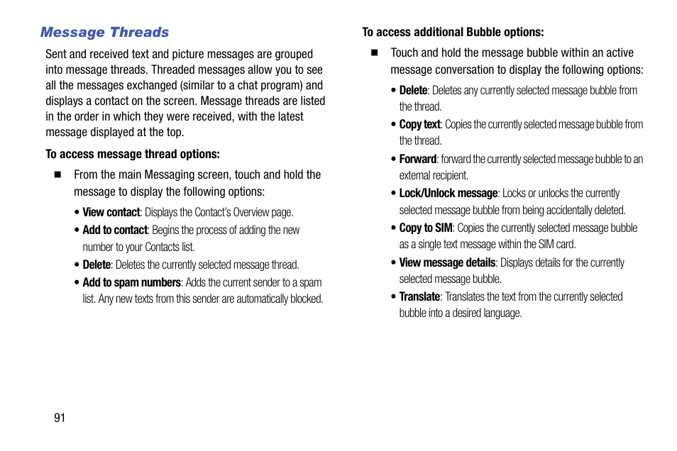 Message threads | Samsung SM-C105AZWAATT User Manual | Page 98 / 230