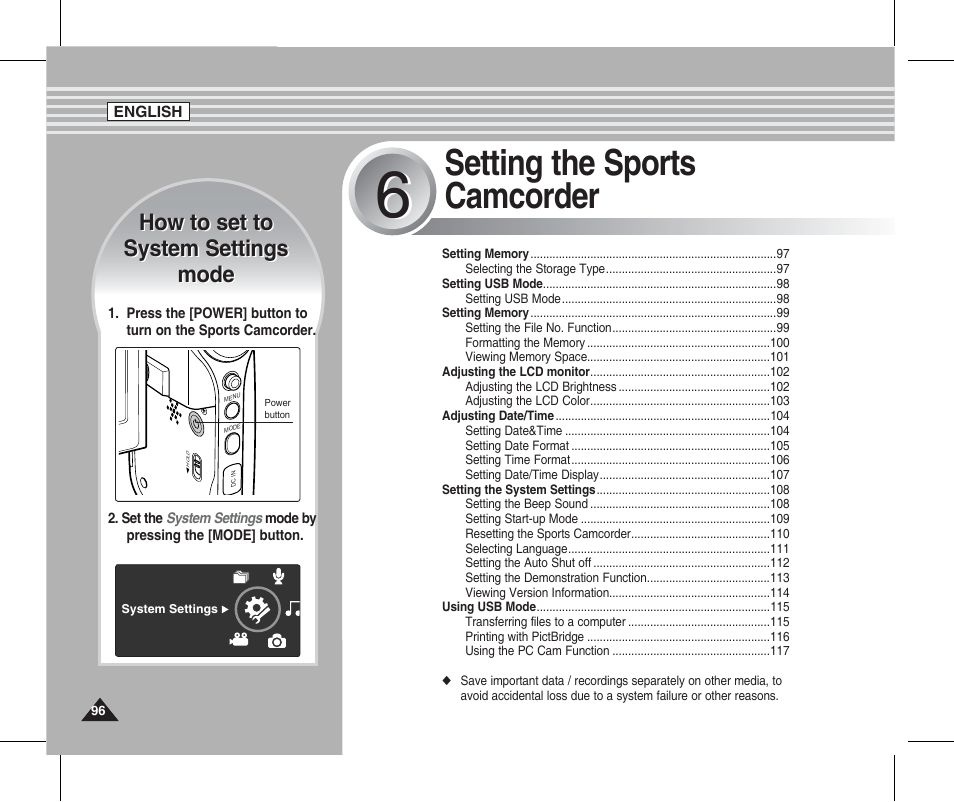 Setting the sports camcorder | Samsung SC-X205L-XAA User Manual | Page 100 / 149