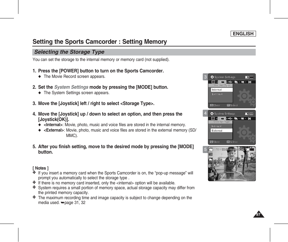 Setting memory, Selecting the storage type, English | The movie record screen appears, The system settings screen appears | Samsung SC-X205L-XAA User Manual | Page 101 / 149