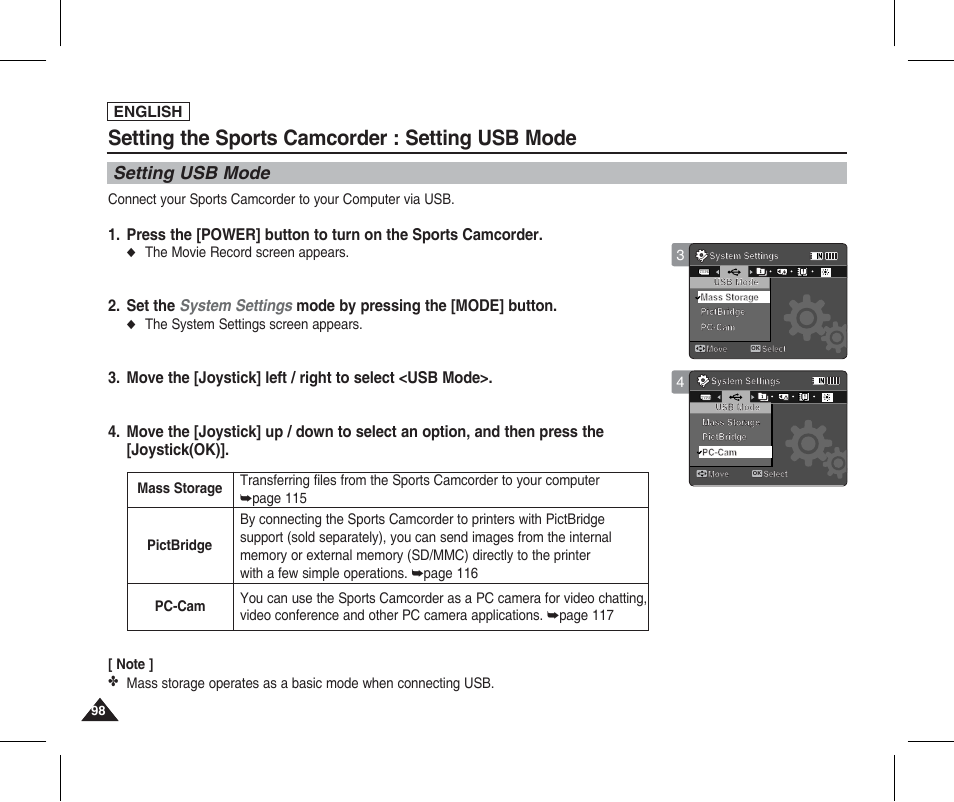 Setting the sports camcorder : setting usb mode, Setting usb mode, English | Samsung SC-X205L-XAA User Manual | Page 102 / 149