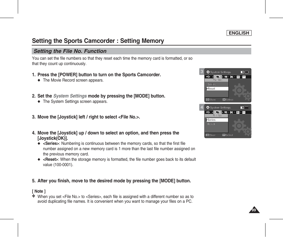 Setting memory, Setting the file no. function, English | Samsung SC-X205L-XAA User Manual | Page 103 / 149