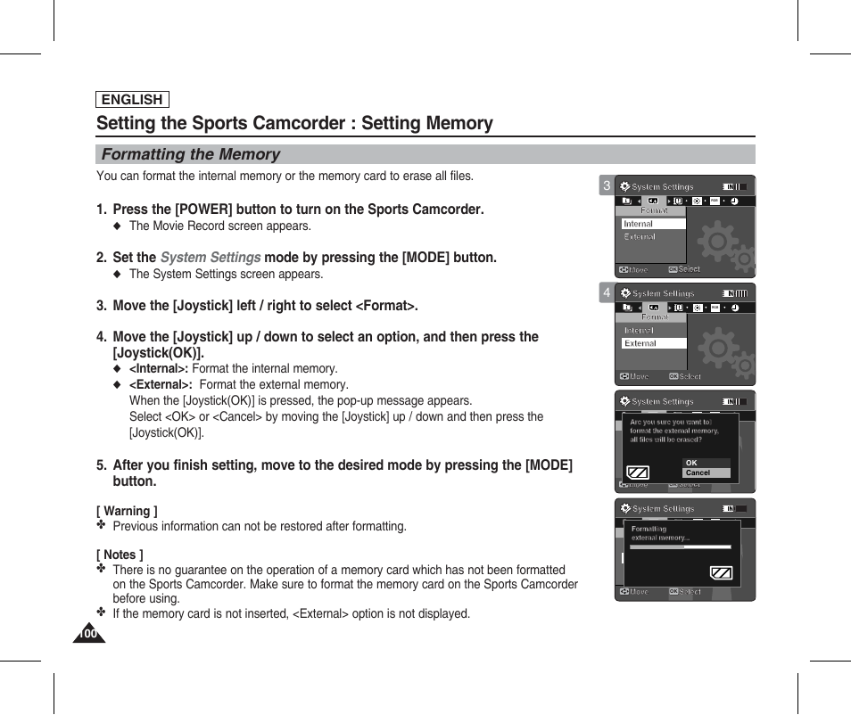 Formatting the memory, English, The movie record screen appears | The system settings screen appears | Samsung SC-X205L-XAA User Manual | Page 104 / 149