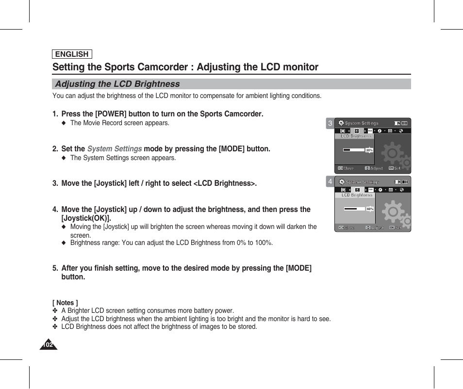 Adjusting the lcd monitor, Adjusting the lcd brightness, English | The movie record screen appears, The system settings screen appears | Samsung SC-X205L-XAA User Manual | Page 106 / 149