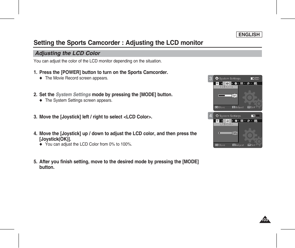 Adjusting the lcd color, English, The movie record screen appears | The system settings screen appears, You can adjust the lcd color from 0% to 100 | Samsung SC-X205L-XAA User Manual | Page 107 / 149