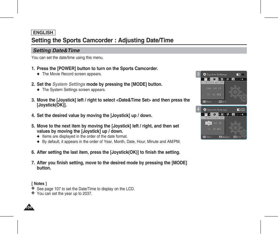 Adjusting date/time, Setting date&time, Setting the sports camcorder : adjusting date/time | English, You can set the date/time using this menu, The movie record screen appears, The system settings screen appears | Samsung SC-X205L-XAA User Manual | Page 108 / 149