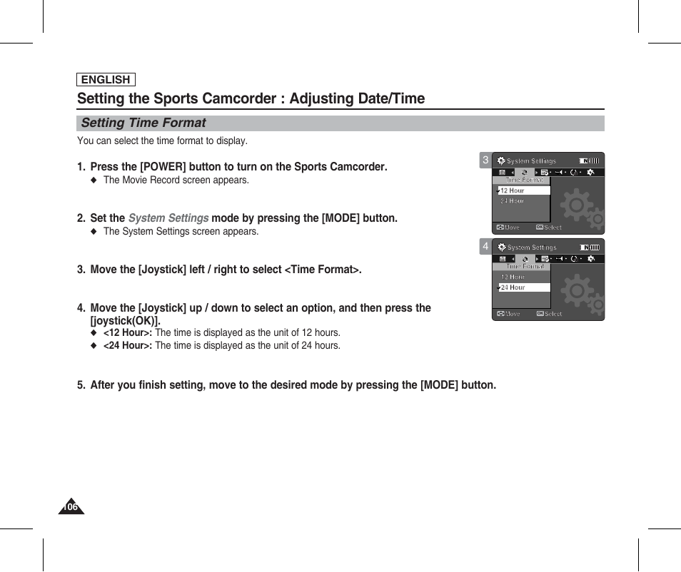 Setting time format, Setting the sports camcorder : adjusting date/time, English | You can select the time format to display, The movie record screen appears, The system settings screen appears | Samsung SC-X205L-XAA User Manual | Page 110 / 149