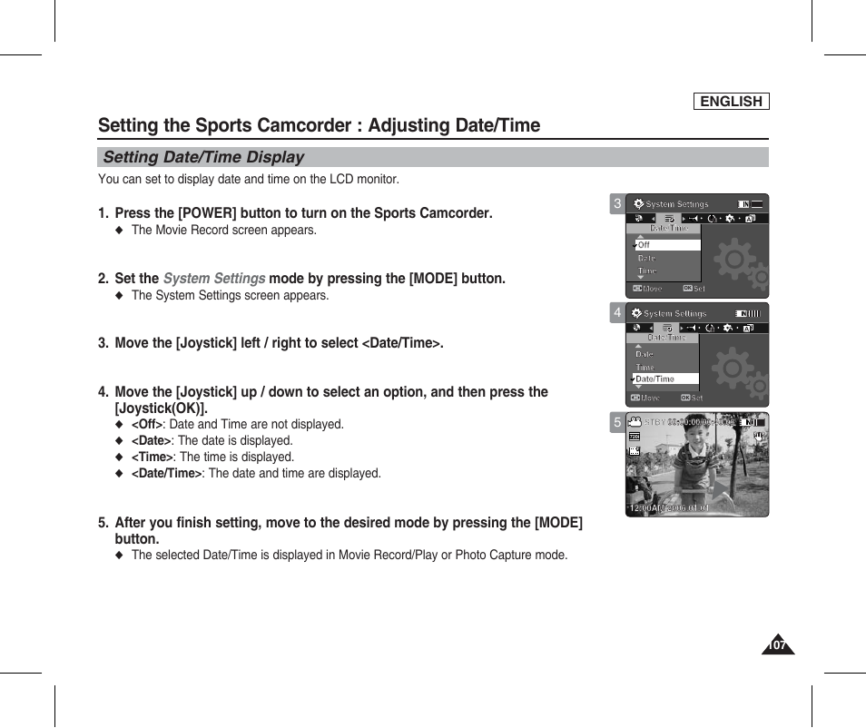 Setting date/time display, Setting the sports camcorder : adjusting date/time, English | The movie record screen appears, The system settings screen appears, Off> : date and time are not displayed, Date> : the date is displayed, Time> : the time is displayed, Date/time> : the date and time are displayed | Samsung SC-X205L-XAA User Manual | Page 111 / 149