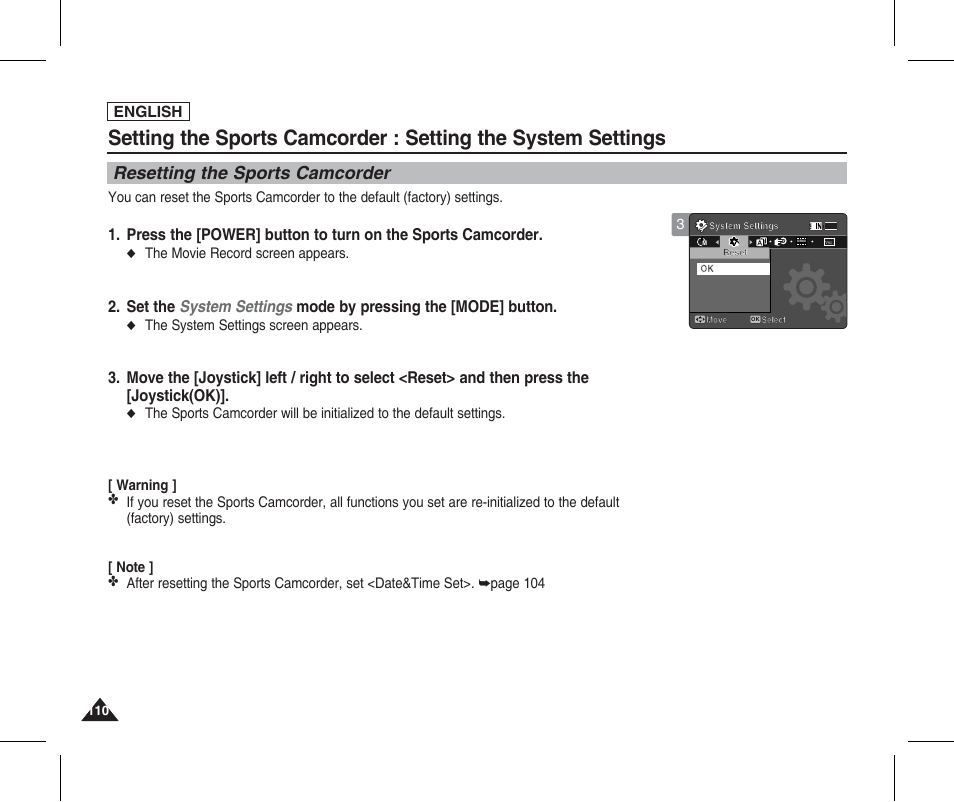 Resetting the sports camcorder | Samsung SC-X205L-XAA User Manual | Page 114 / 149