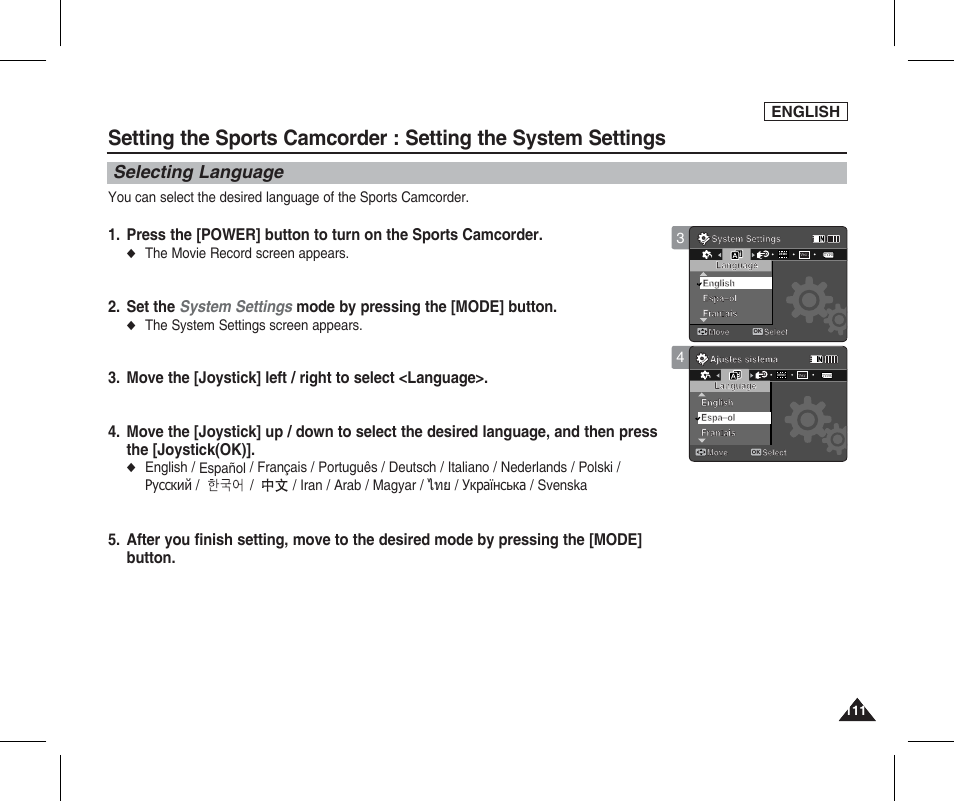 Selecting language, English | Samsung SC-X205L-XAA User Manual | Page 115 / 149