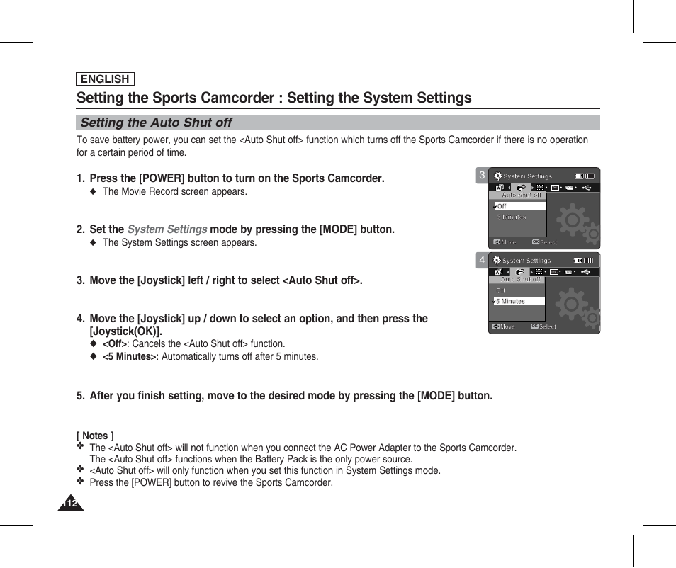 Setting the auto shut off, English | Samsung SC-X205L-XAA User Manual | Page 116 / 149