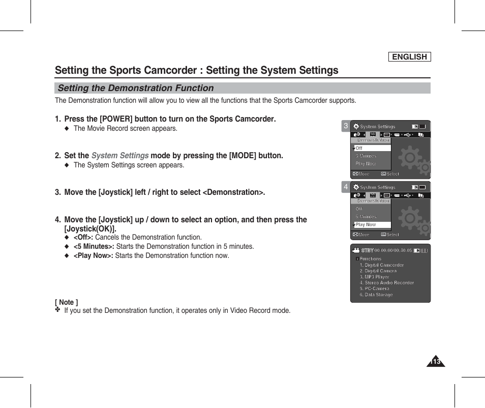 Setting the demonstration function, English, The movie record screen appears | The system settings screen appears, Off>: cancels the demonstration function | Samsung SC-X205L-XAA User Manual | Page 117 / 149