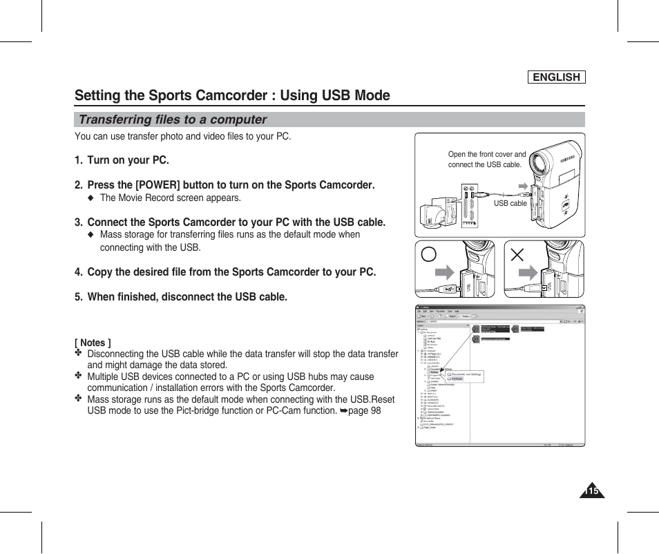 Using usb mode, Transferring files to a computer, Setting the sports camcorder : using usb mode | Samsung SC-X205L-XAA User Manual | Page 119 / 149