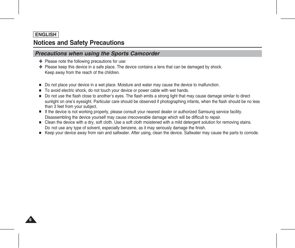 Notices and safety precautions, Precautions when using the sports camcorder | Samsung SC-X205L-XAA User Manual | Page 12 / 149