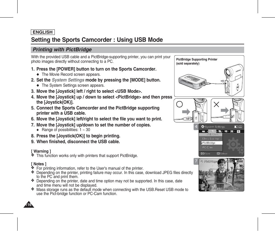 Printing with pictbridge, Setting the sports camcorder : using usb mode, English | Samsung SC-X205L-XAA User Manual | Page 120 / 149