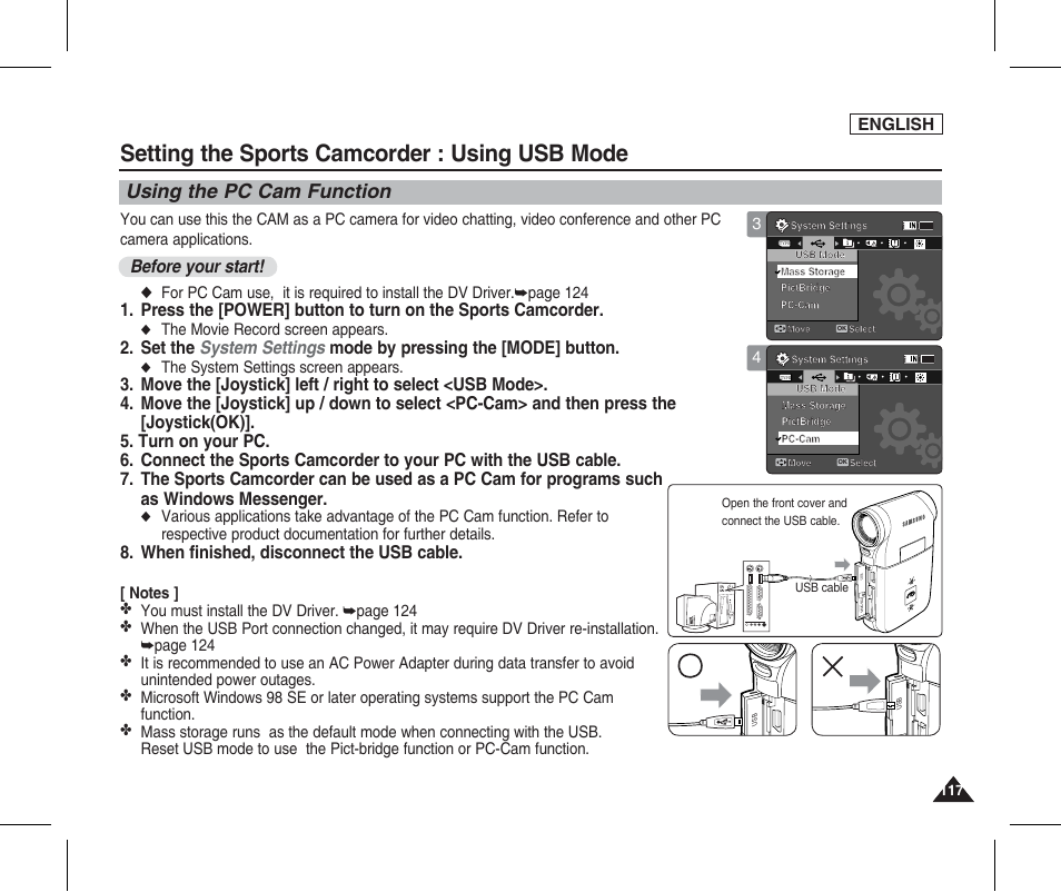 Using the pc cam function, Setting the sports camcorder : using usb mode, Before your start | When finished, disconnect the usb cable, English | Samsung SC-X205L-XAA User Manual | Page 121 / 149