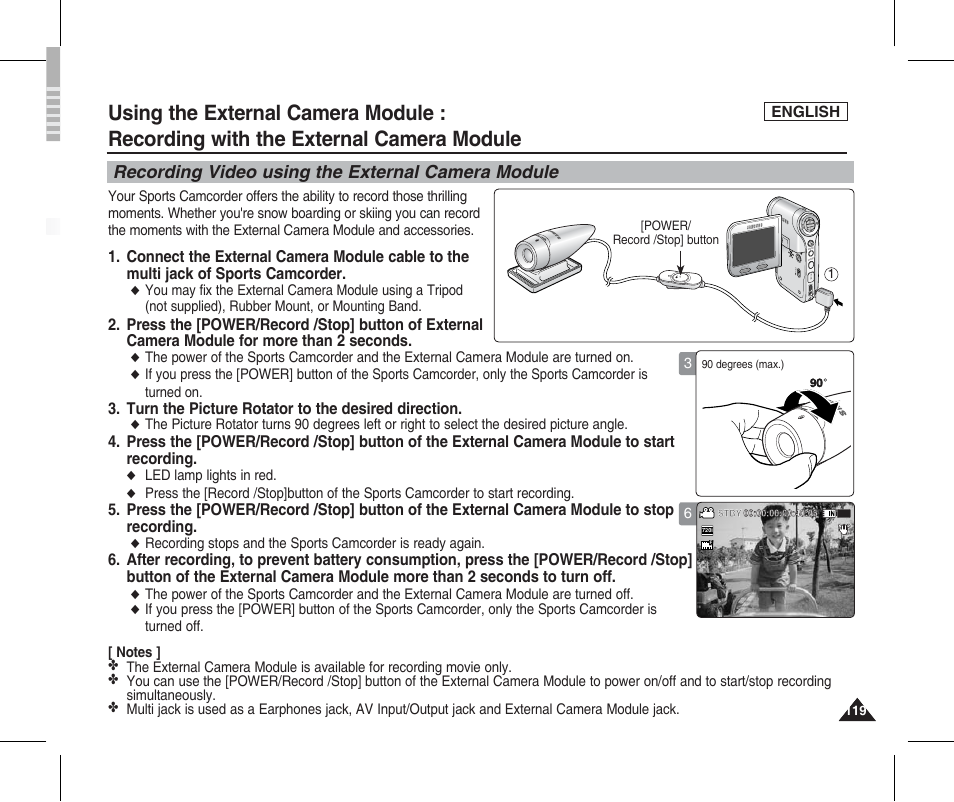 Recording with the external camera module, Recording video using the external camera module, Turn the picture rotator to the desired direction | English | Samsung SC-X205L-XAA User Manual | Page 123 / 149