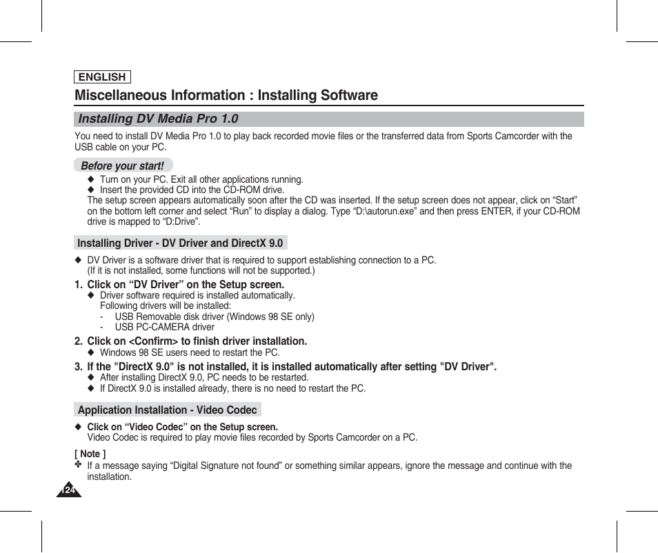 Miscellaneous information : installing software, Installing dv media pro 1.0 | Samsung SC-X205L-XAA User Manual | Page 128 / 149