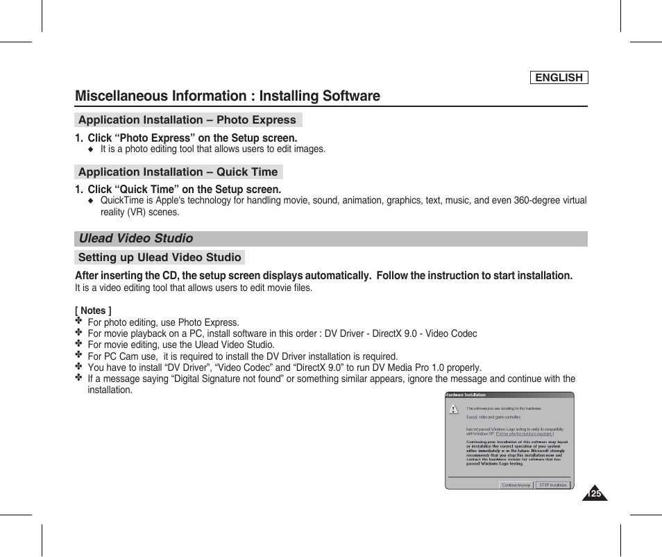 Ulead video studio, Miscellaneous information : installing software | Samsung SC-X205L-XAA User Manual | Page 129 / 149