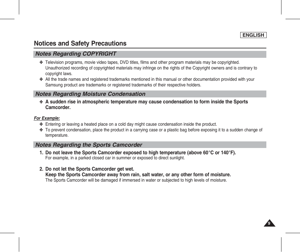 Notes regarding copyright, Notes regarding moisture condensation, Notes regarding the sports camcorder | Notices and safety precautions | Samsung SC-X205L-XAA User Manual | Page 13 / 149