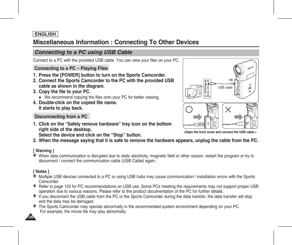 Connecting to other devices, Connecting to a pc using usb cable | Samsung SC-X205L-XAA User Manual | Page 130 / 149