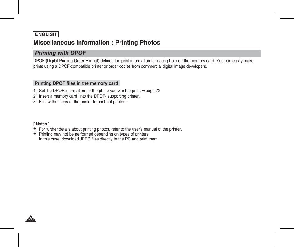 Printing photos, Printing with dpof, Miscellaneous information : printing photos | Samsung SC-X205L-XAA User Manual | Page 134 / 149