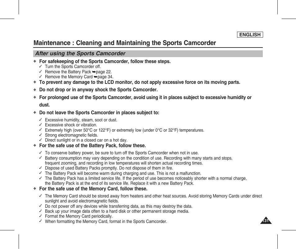 Cleaning and maintaining the sports camcorder, After using the sports camcorder | Samsung SC-X205L-XAA User Manual | Page 135 / 149