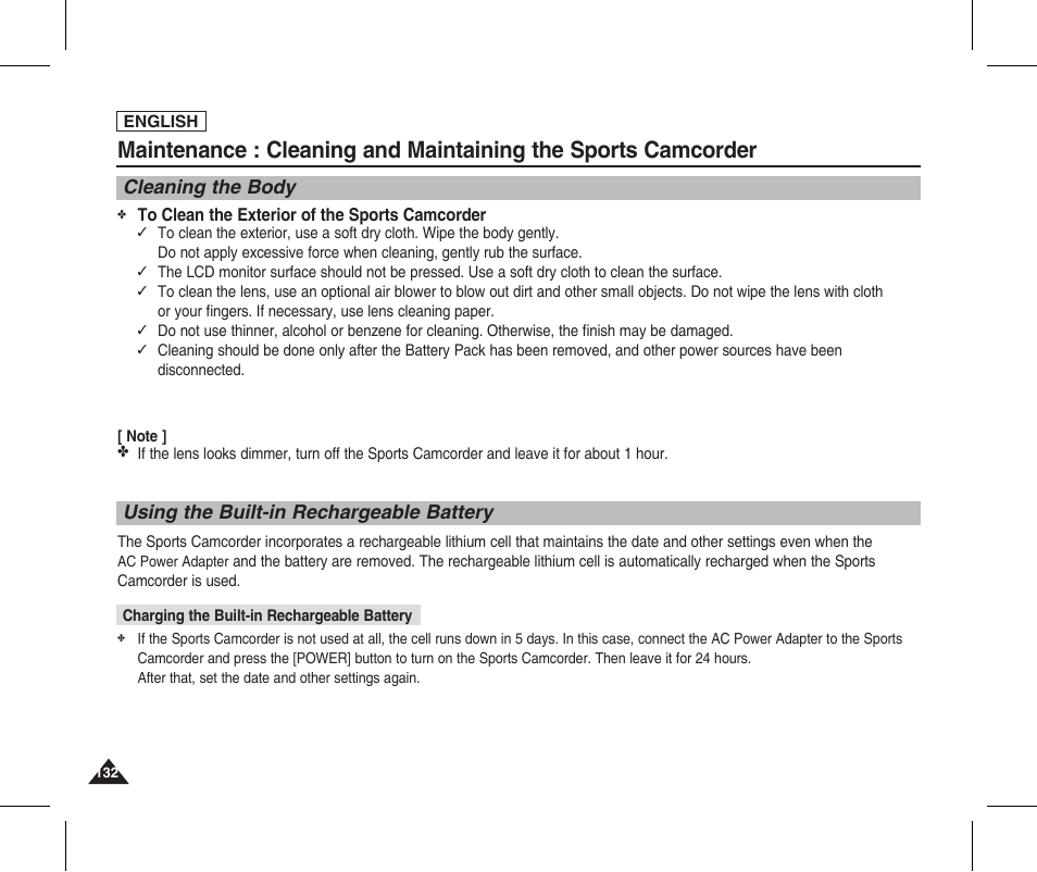 Cleaning the body, Using the built-in rechargeable battery | Samsung SC-X205L-XAA User Manual | Page 136 / 149