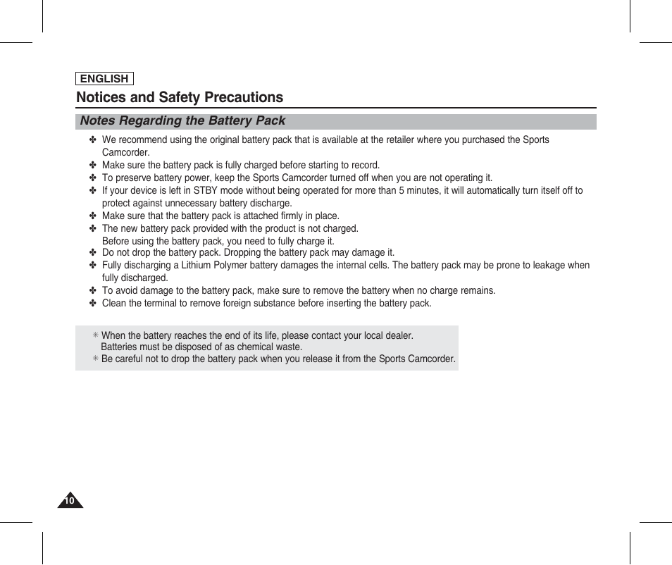 Notes regarding the battery pack, Notices and safety precautions | Samsung SC-X205L-XAA User Manual | Page 14 / 149