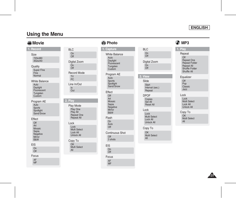 Using the menu, Movie, Photo | English | Samsung SC-X205L-XAA User Manual | Page 141 / 149